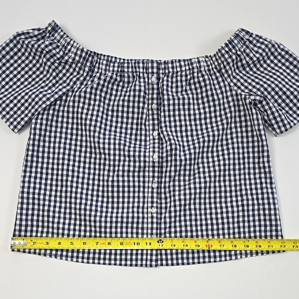 Reitmans Women's Navy White Gingham Mini Checkered Off Shoulder Cotton Top M - Picture 10 of 11